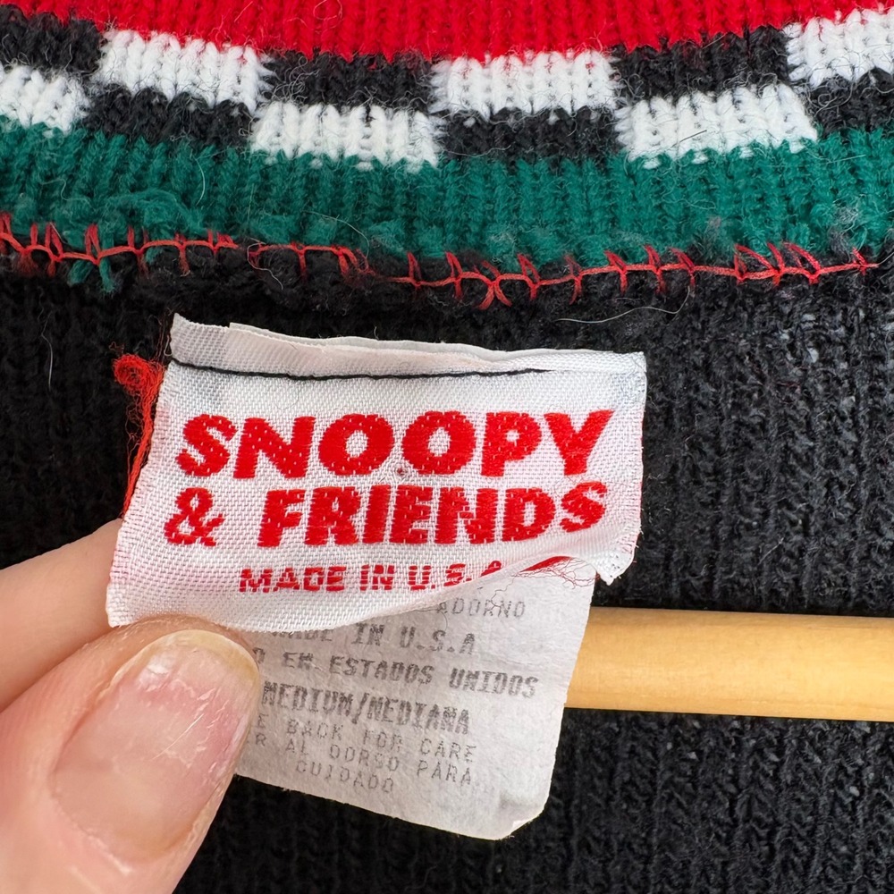 Peanuts Snoopy Christmas Cardigan Sweater Colorblock Checkered Trim V-Neck - Picture 10 of 10